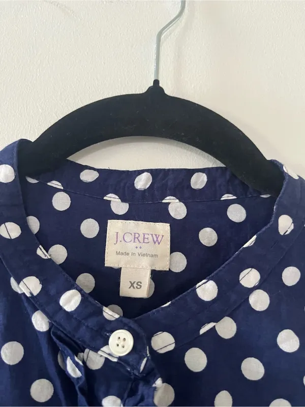 J Crew Navy Blue Polka Dot Ruffle Button Up Top XS 100% Cotton Office Preppy - Image 2