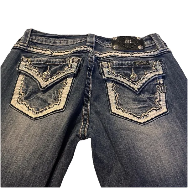 Miss Me Sz 28 STYLE XP 7035B RELAXED Boot Jeans Embellish Dark Blue Distress - Image 6
