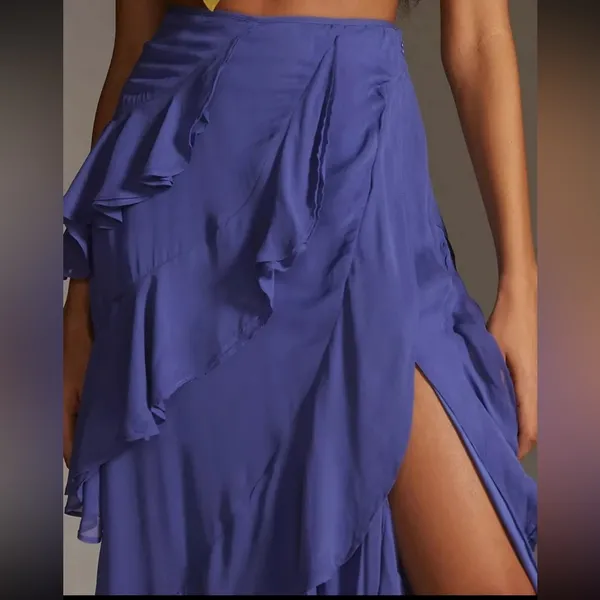 Anthropologie Purple/blue A-Line Ruffle Slit Midi Skirt Size 00 - Image 2