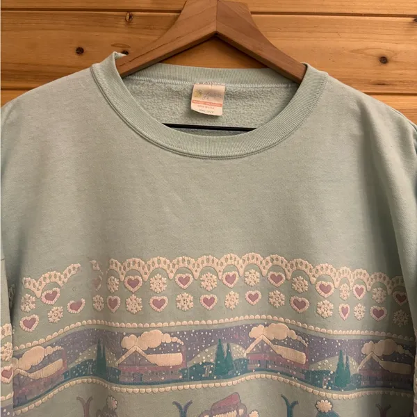 VNTG 1990 Lifestyles XL Puffy Paint Skiing Bears Snowflake Pullover Sweatshirt - Image 3