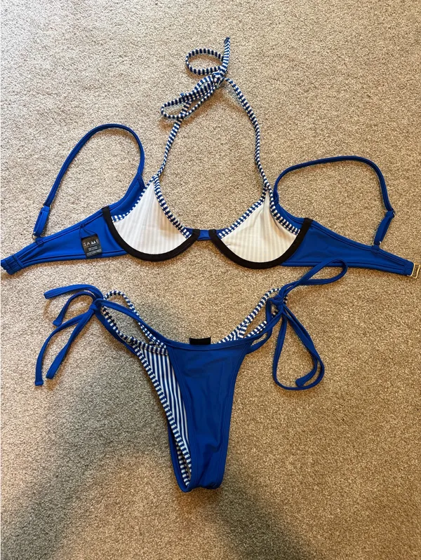 SAME Los Angeles Double Layer Blue/White Striped Bikini Set Blue - Image 4