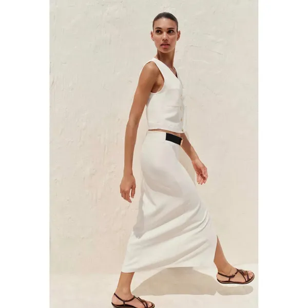 Zara Women Cream Button Front Midi Skirt Gold Brooch Contrast Waistband‎ Slit XL - Image 4