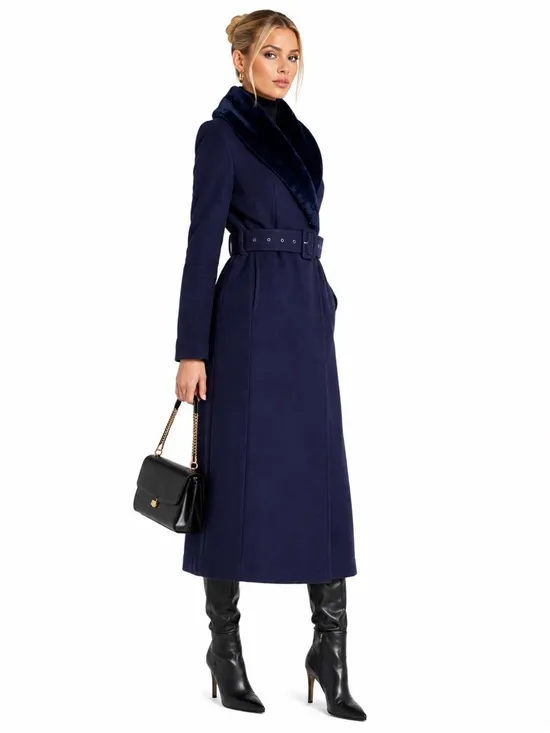 NEW Naked Wardrobe Navy Blue Faux Fur Collar Belted Long Coat Small Winter Lux - Image 2