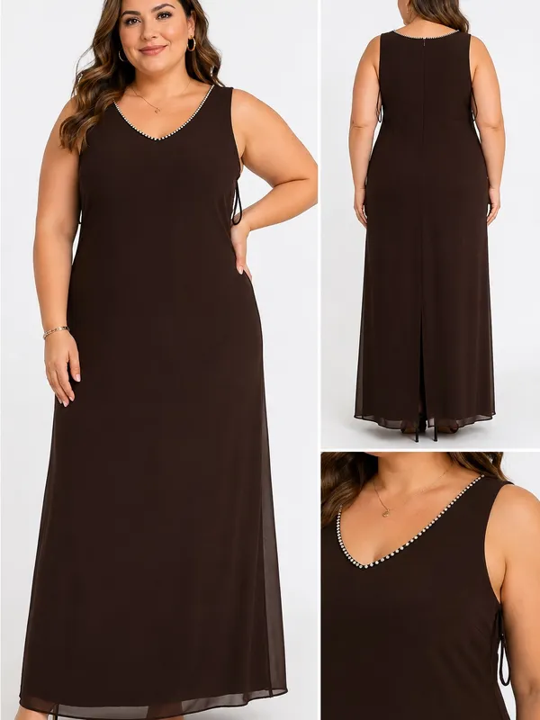 Onyx Nite Brown V-Neck Maxi Dress with Rhinestone Trim - Image 2
