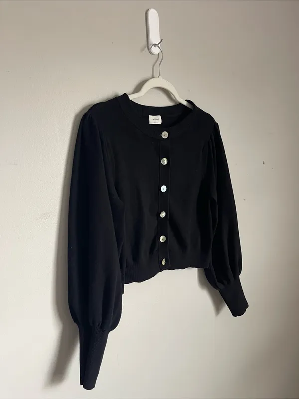 WILFRED Black Button-Front Cropped Puff Sleeve Cardigan Sweater Sz L - Image 5