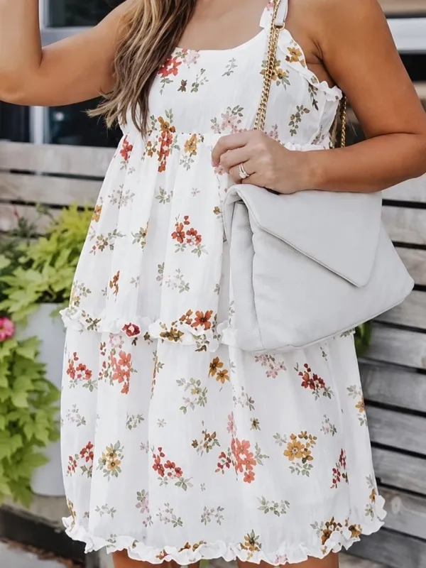 White Floral Babydoll Mini Dress Tiered Ruffle Sleeveless Boho NWT - Image 2