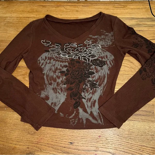 Y2K V-Neck Long Sleeve Top with Black‎ Floral Design size S - Image 2