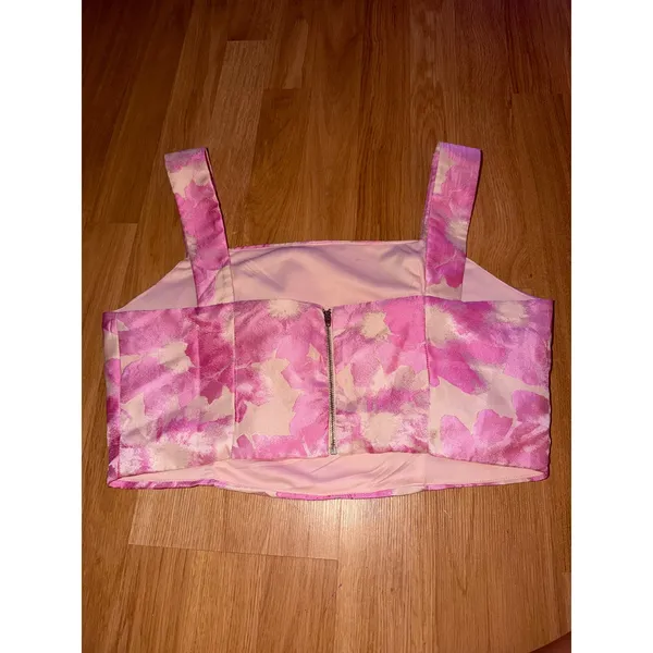 TCEC Women Pink Floral Jacquard Crop Top Square Neck Zip Back Size L - Image 3