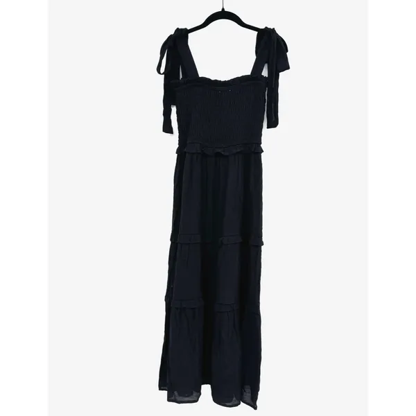 Love Tree Smocked Tie Strap Tiered Maxi Dress Black Boho Cottagecore Festival SM - Image 2