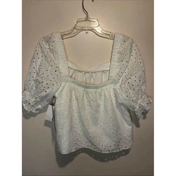 1.State NWT White Eyelet Puff Sleeve Square Neck Crop Delicate Blouse Top SZ M - Image 2