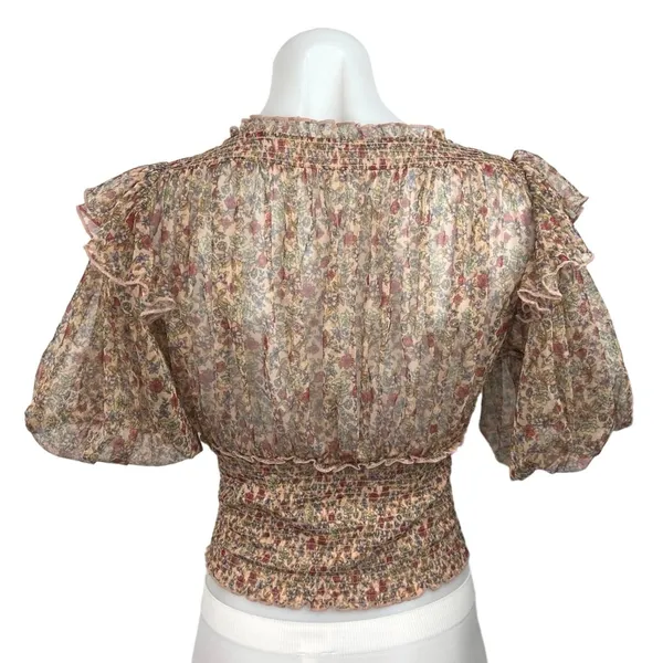 Free People Beatrice Floral Print Brown Lace Up Puff Sleeve Blouse Top Size S - Image 9