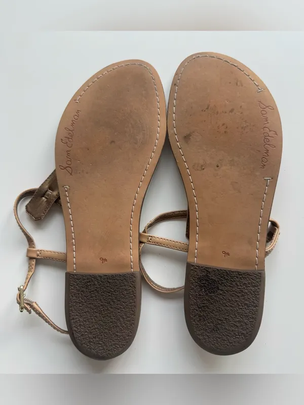 Sam Edelman Tan Leather T-Strap Flat Sandals | Croc Print Insole | Women’s Shoes - Image 2