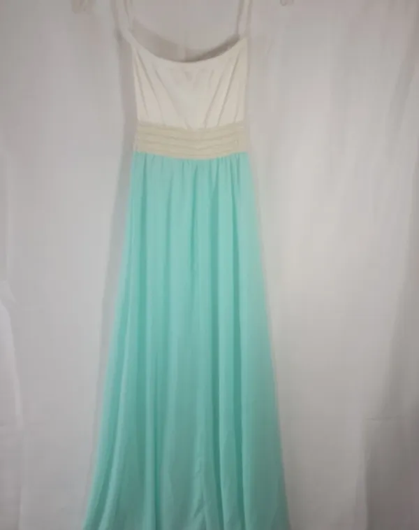 Wild Daisy Women's Strapless Maxi Dress Jr Small Mint Green White Crochet Waist - Image 7