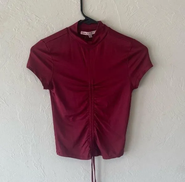 Crave Fame Burgundy short sleeve ruched #cropped #shirt #top - Image 4