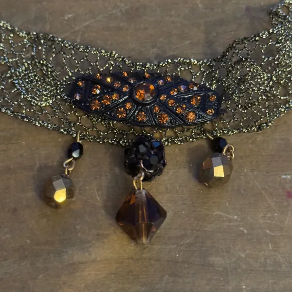 Vintage metallic gold lace choker necklace with crystal dangles - Image 4