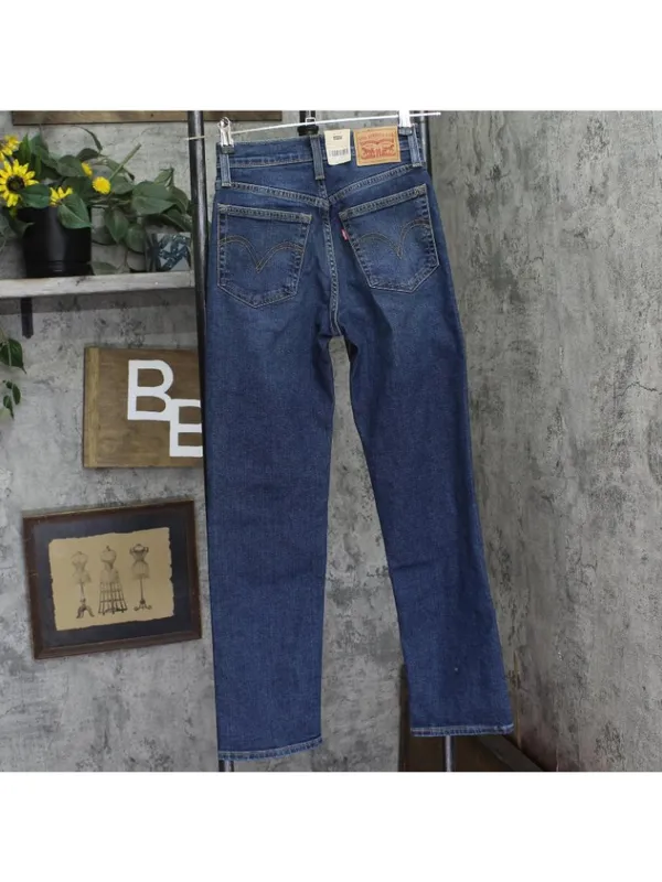 NWT Levi's Straight Jeans Button Fly High Rise Indigo Here We Go Blue 24x28 - Image 6