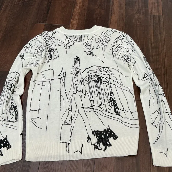 Unbranded Artistic Sketch Print 100% Wool Sweater White Black Dog Art Small S - Image 3
