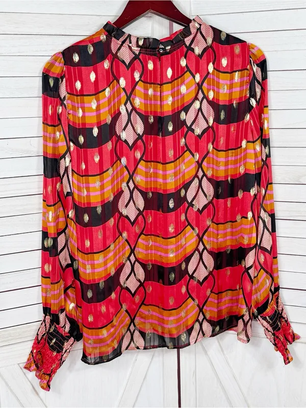 J Joie Printed Metallic Polka Dot Blouse Red Black‎ Pink Multi Large Smocked - Image 8
