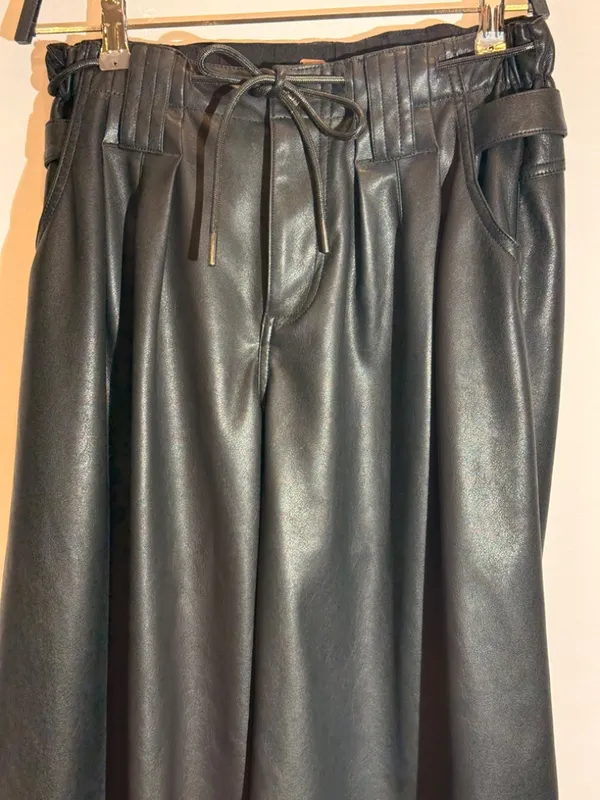 Free People Julien Black High Rise Wide Leg Vegan Leather Pants Drawstring XS - Image 10