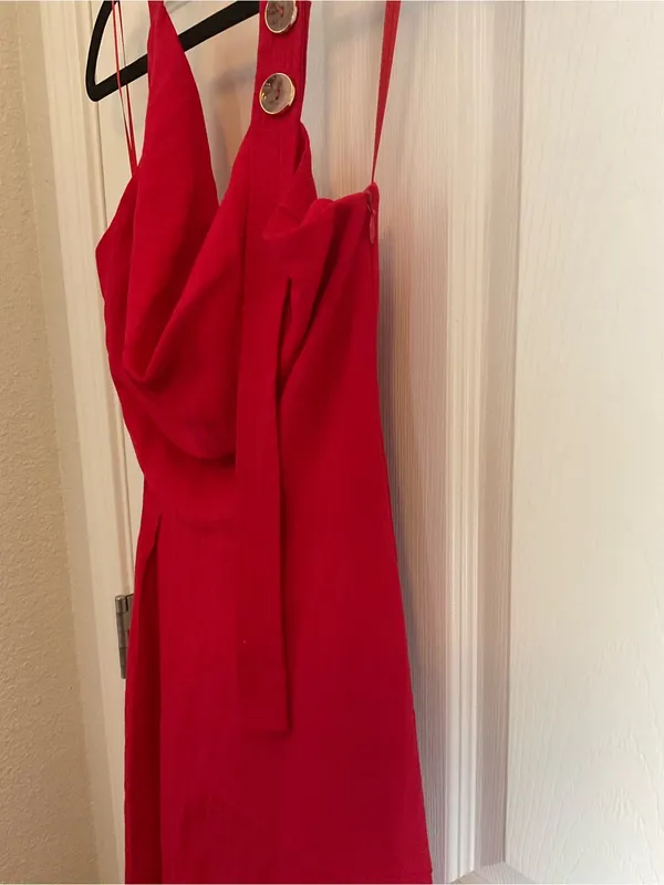 Zara Red Linen Blend Halter Midi Dress Size S Cowl Neck Tortoiseshell Buttons - Image 5