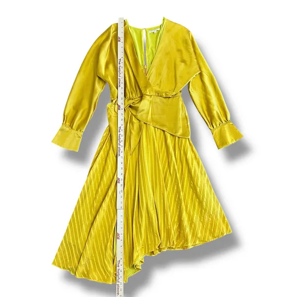Chartreuse Pleated Wrap Dress Long Sleeve Asym Hem Midi Yellow Women‎ - Image 4