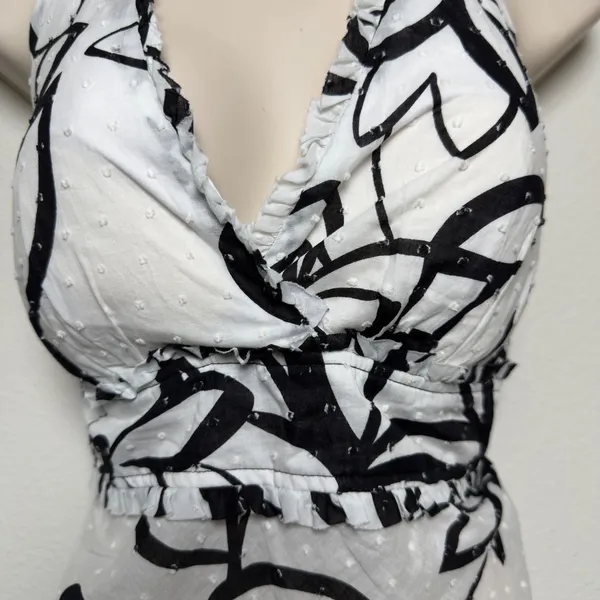 VTG y2k BCX Women Halter Neck Babydoll Top Large White Cotton Black Floral Party - Image 4