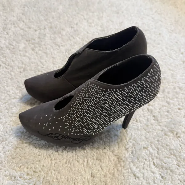 Ed Hardy NYE Silver Embellished Signature Light Brown Suede Heels Booties 8 - Image 2