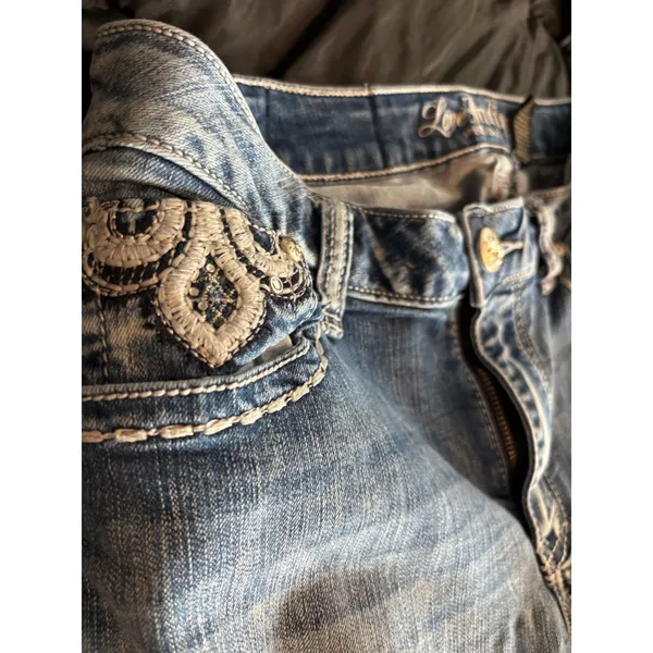 Love Indigo Premium Womens Bootcut Jeans Embroidered Fleur De Lis Medium Wash - Image 2