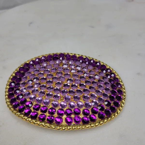 Vintage 1995 Rhinestone Belt Buckle Purple Gold Tone Oval Rope Border Y2K Retro - Image 2