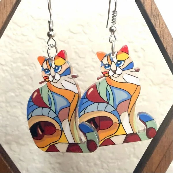 Colorful Stained Glass Style Cat Dangle Earrings - Image 4