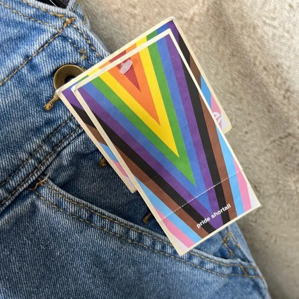 Target PRIDE SHORTALLS | Take PRIDE Queen Rainbow Patchwork Denim Unisex Shortalls - Image 8