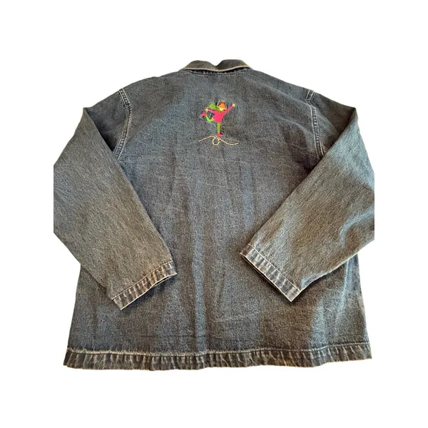 Embroidered Novelty Shacket Ice Skaters Denim Jacket Winter whimsical Teacher M - Image 3