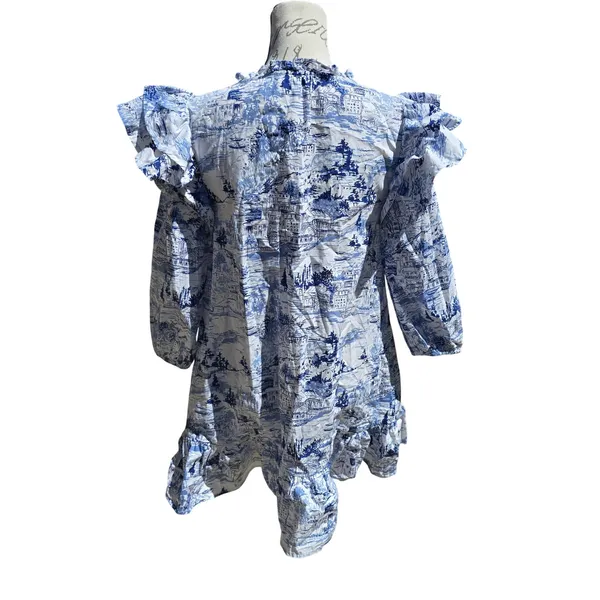 Sugarlips Francine Toile Sky Sammy Ruffle Drop Waist Dress Blue White Small‎ - Image 6