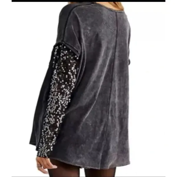 Free People Celine Sequin Sleeve T-Shirt Womens Sz XS Holiday New Years Sheer - Image 6