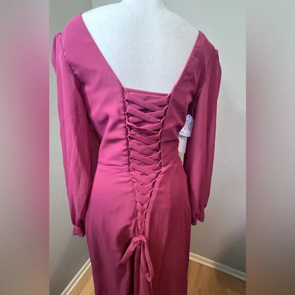 #293 Berry V-neck long-sleeve chiffon Tea Length evening gown-Size 8/Medium - Image 4