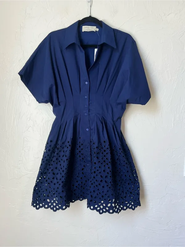 NWT Anthropologie Exquise Navy Eyelet Mini Shirt Dress size M - Image 2