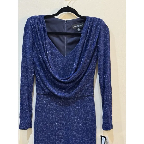 Betsy & Adam Cowl Neck Sparkle Shimmer Short Cocktail Dress Blue Size 4‎ - Image 4
