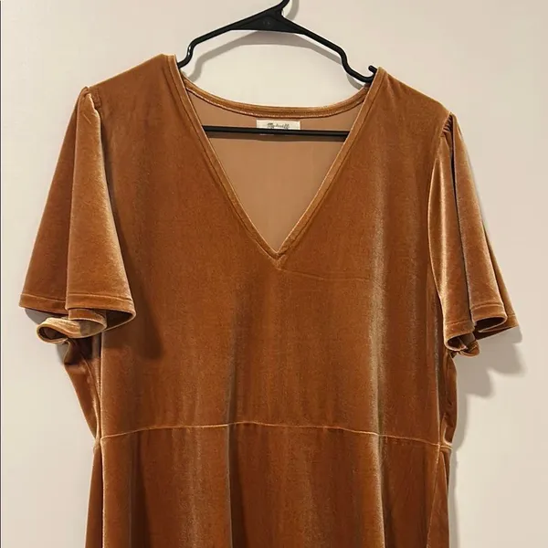 Madewell Velvet V-Neck Flutter-Sleeve Dress Golden Pecan Size XXL - Image 3