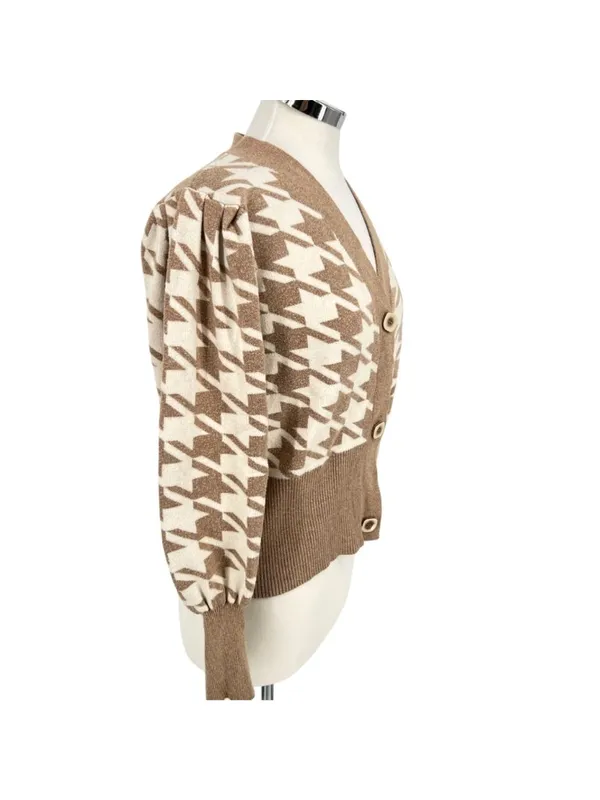 Joie Beige Houndstooth Puff Sleeve Cardigan Sweater Dark Light Academia Medium - Image 3