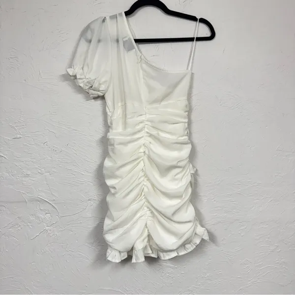 Hello Molly Not Fair On Me White One Shoulder Mini Dress Womens 6 Ruched Ruffled - Image 3