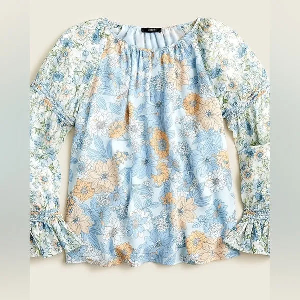 J. Crew Blue Floral Chiffon Long Sleeve‎ Blouse Size M - Image 9