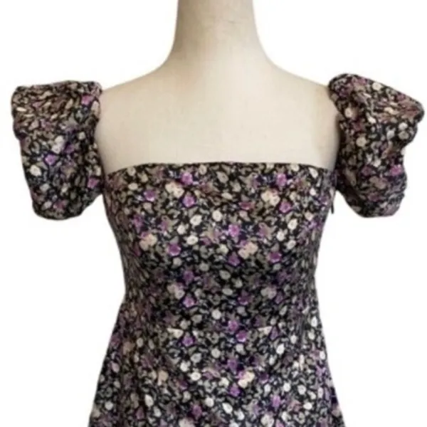 Pomelo Floral Puff Sleeve Mini Dress Black‎ Purple Square Neck Smocked Back M - Image 13