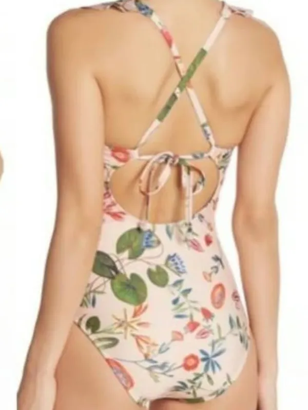 New Free People Medium Pink Peach Floral Ruffle Lace-Up One-Piece Swimsuit - Image 3