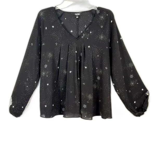 Women Blouse Large Black Celestial Star Print Sheer Whimsigoth Witchy Top - Image 2