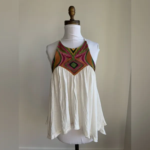 Free People Beach Date White Flowy Strappy Tank Top Multicolor Embroidery - Image 3