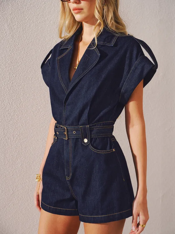 Commense Denim Belted Collar Romper NWT Navy Relaxed Fit Belted Shorts Medium - Image 12