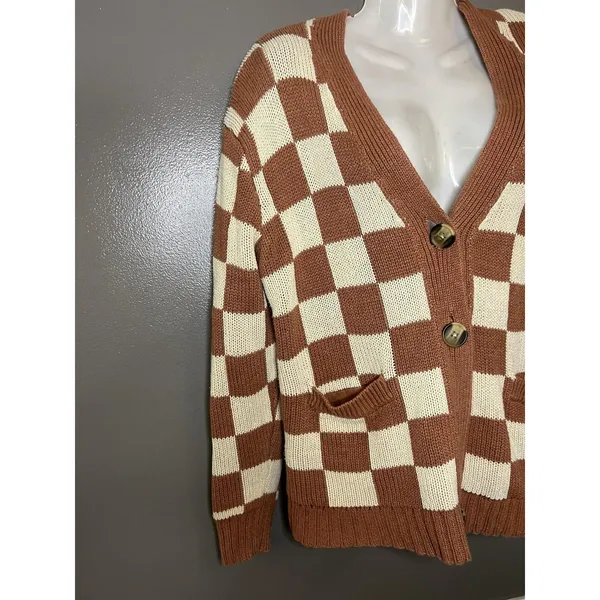 American Eagle Cardigan Sweater Womens XS Brown Checkered V Neck Button Front - Image 3
