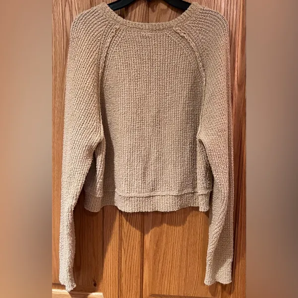 Free People V-Neck High Low Slouchy‎ Cropped Textured Knit Sweater Camel Size XS - Image 16