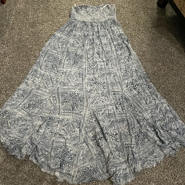 Billabong Blue and White geometric tribal Patterned High-Low Strapless Dress XS - Image 12