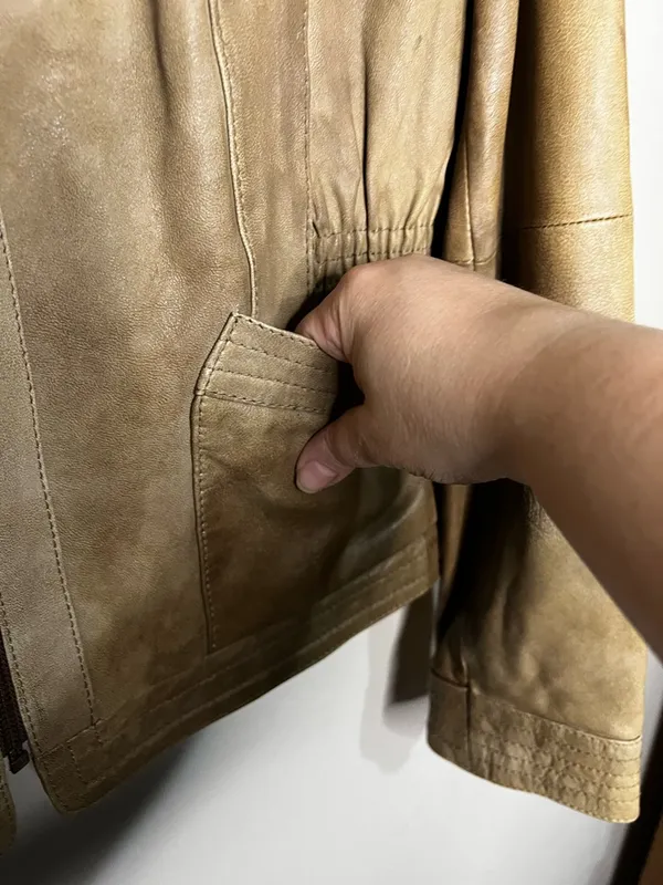 Black Rivet Woman’s Vintage Tan‎ Leather Elbow Patches Zipper Wrists Jacket - Image 5